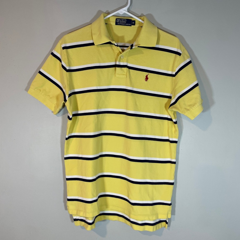 Polo Ralph Lauren Mens M Yellow Navy Striped Red Pony Pique Polo Shirt Rugby